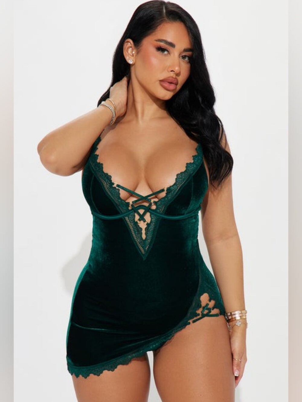 Women's Super Sexy Emerald Green Velvet Lace Chemise Strappy Mini Dress Medium